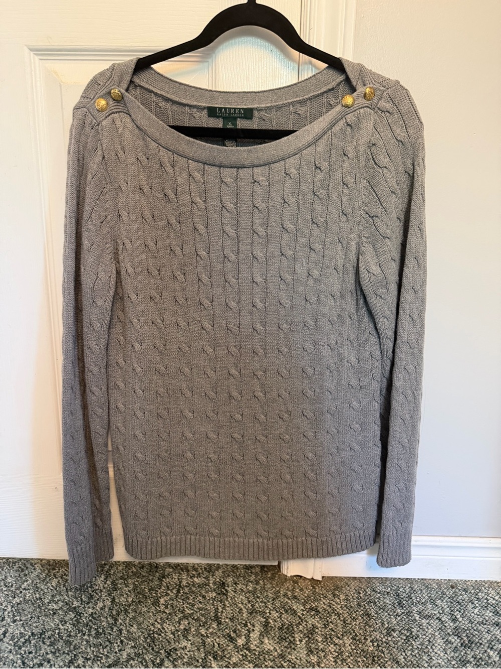 Lauren Ralph Lauren Light Gray Cable-Knit Sweater with Gold Buttons